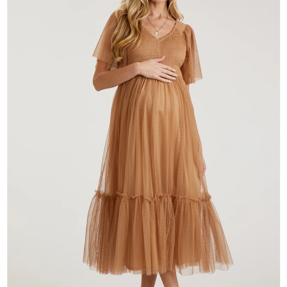Camel Dotted Tulle Smocked Maternity Midi Dress Pink Blush